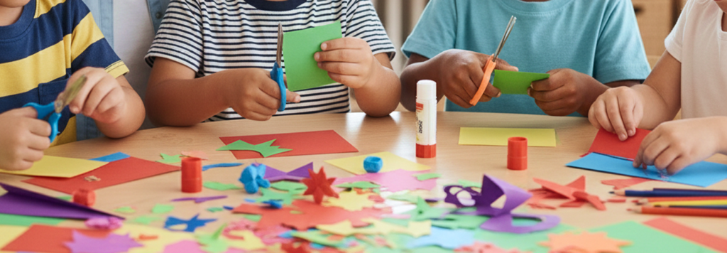 A group of children sitting around a table cutting colorful craft paper from Nordiskt Papper.nordiskt-papper-kolorcraft