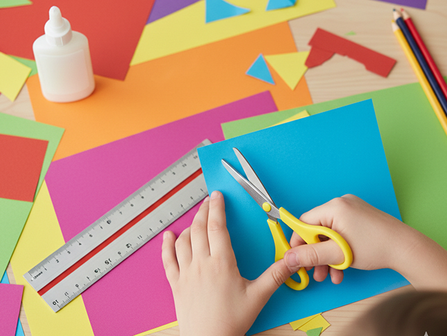 Close-up of hands cutting a bright blue sheet of paper with yellow scissors next to a ruler and glue.